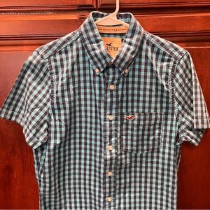 Hollister, Short Sleeve Button Down Shirt, Blue Plaid, Small